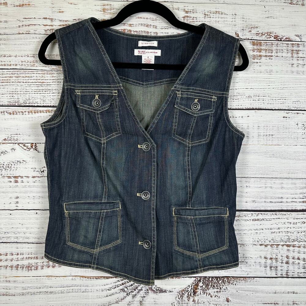 Y2K Nine & Co Weekend Denim Dark Blue Button Up Vest Distressed Stretch Womens 8